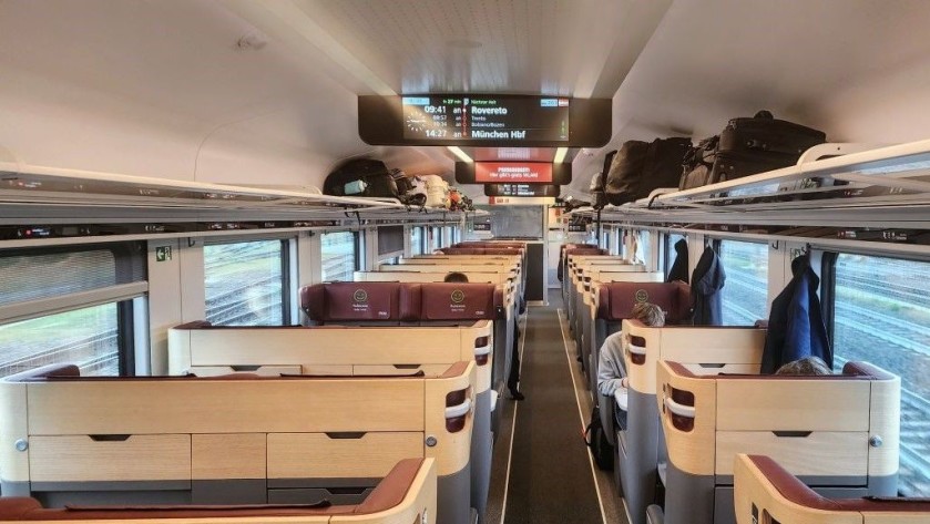 A First Class seating saloon on a New Generation Railjet train