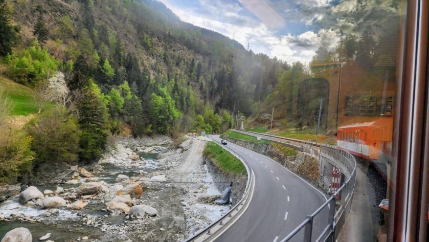 Heading west from Andermatt on a train to Brig