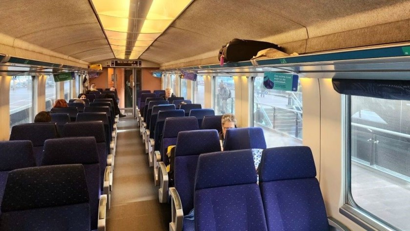 The second class seating on a EuroCity train on the Brussels to Rotterdam route