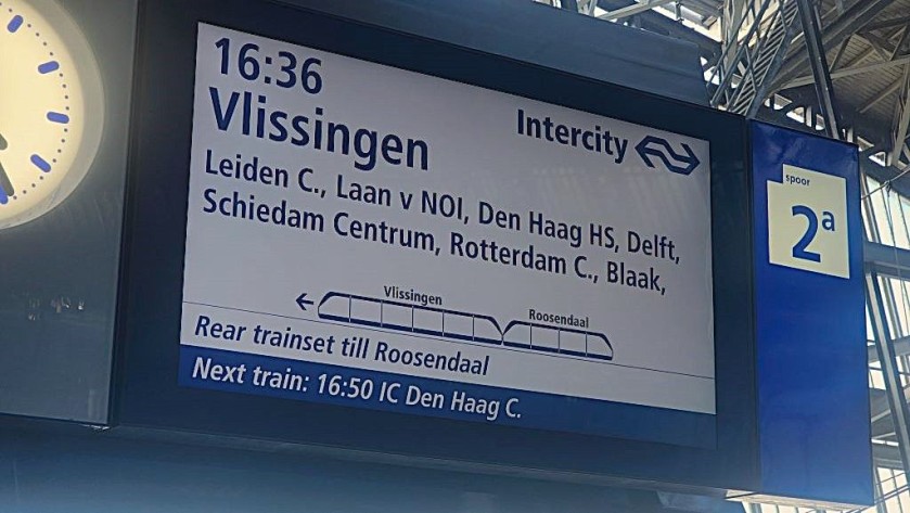 A departure indicator on a platform at Amsterdam Centraal