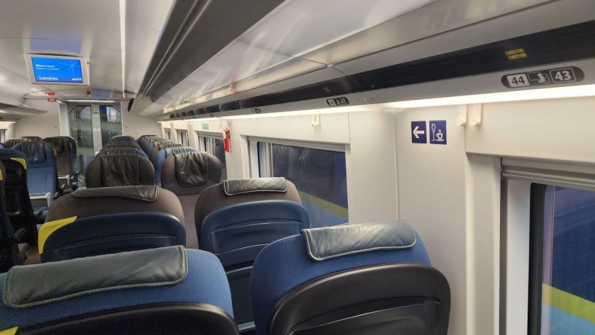 The seat numbers above the windows in Standard Class on a Eurostar e320 train