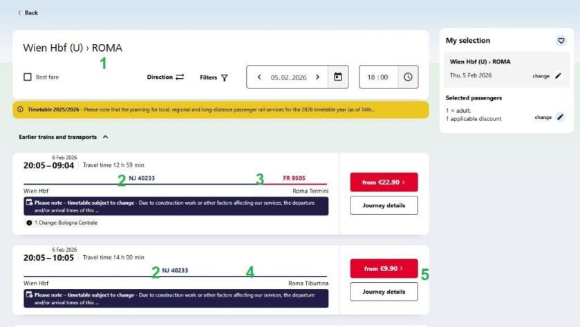 Booking a rail pass reservation on a night train on the OBB website