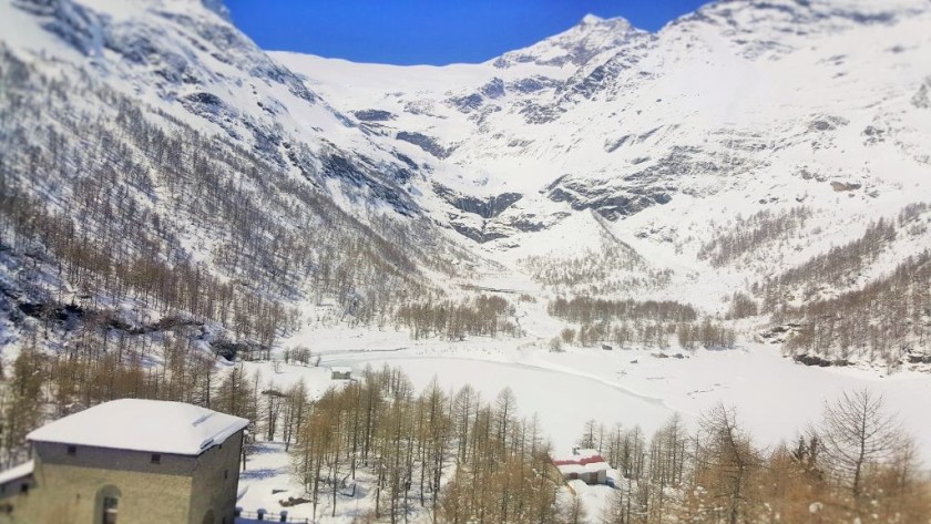 Looking over a frozen lake from the Bernina railway