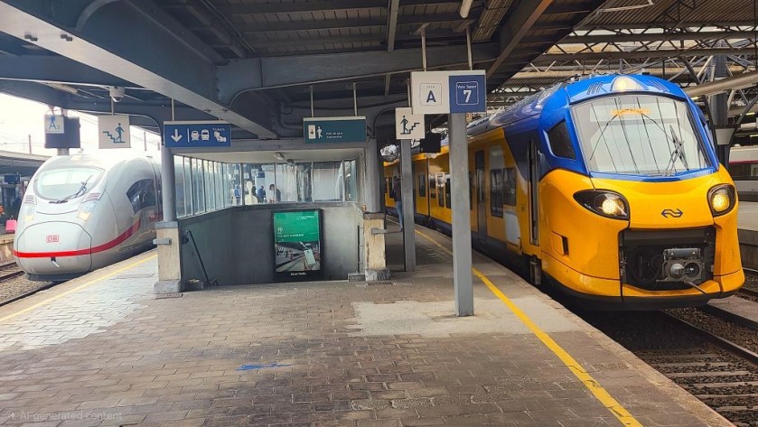 An ECD train and an ICE train await departure from Bruxelles - Midi