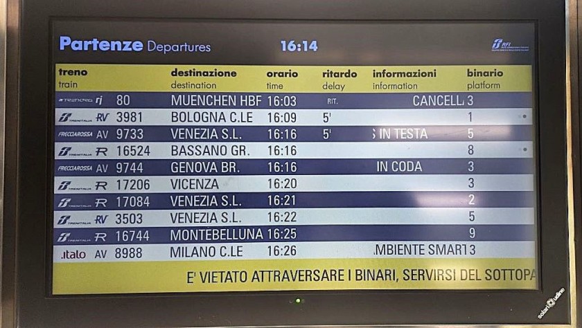 A departure summary screen at an Italian station