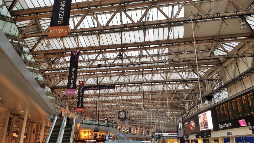 The entrance to Waterloo East is at the top of the escalator on the balcony level