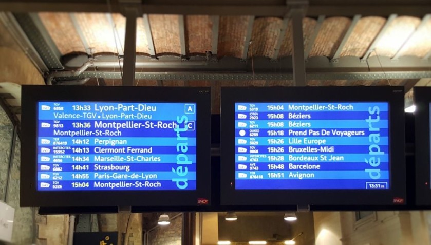 Train departure summary screens are blue