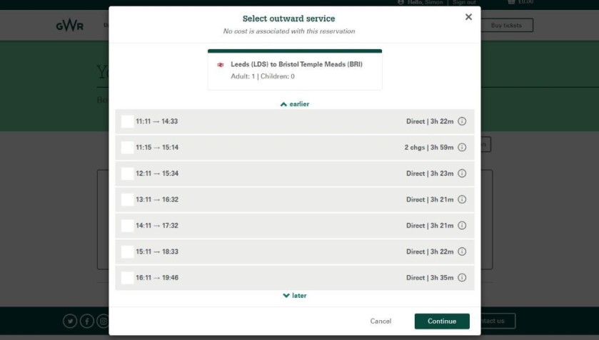 Booking British train seat reservations with GWR