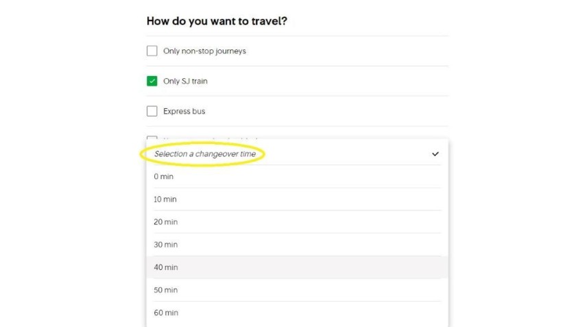 Setting a maximum transfer time between trains on the SJ website