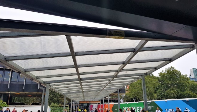 Following the roofed walkway away from the station 