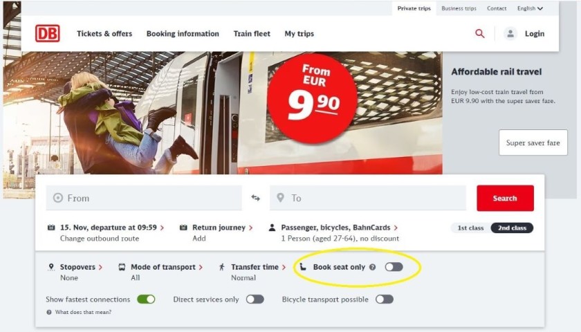 Booking seats separate to tickets on the DB website