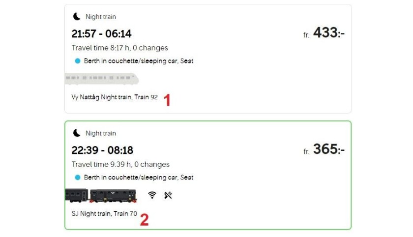 Choosing between different types of night train on the SJ website