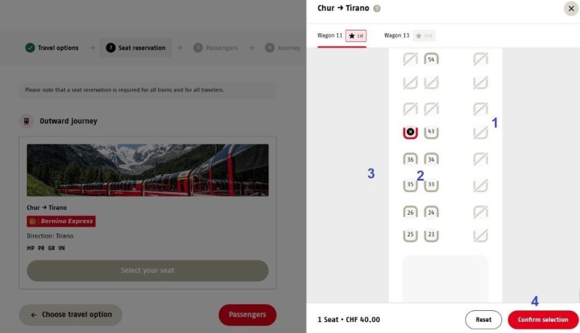Using the seating plan when booking Bernina Express tickets