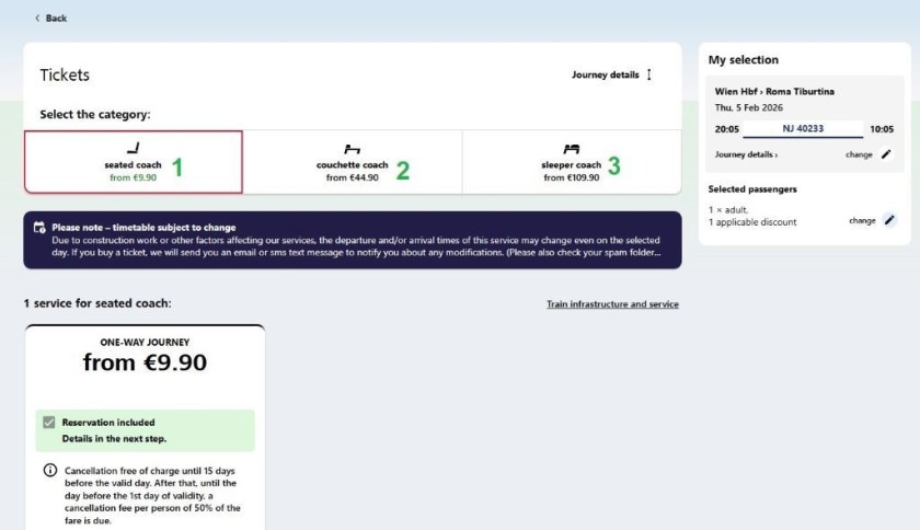 Booking a rail pass reservation for a night train on the OBB website