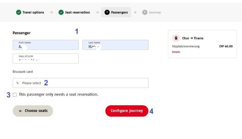 Adding the passenger details to a booking on the Bernina Express website