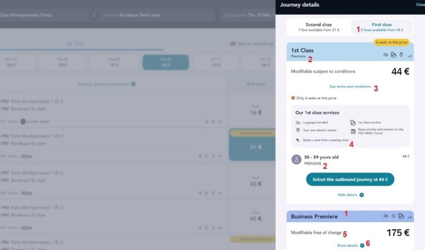Booking a 1st class ticket for a Ouigo journey on SNCF Connect