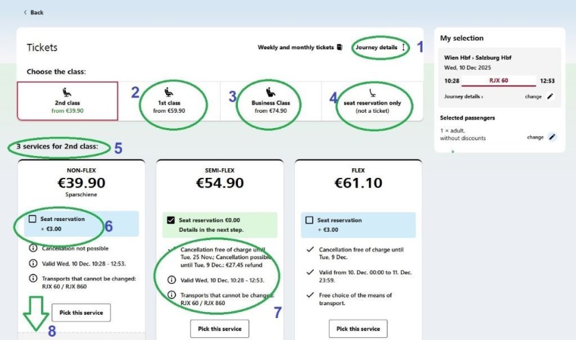 Selecting a type of ticket when booking on the OBB website