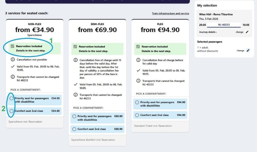 Booking a seat on a night train on the OBB website