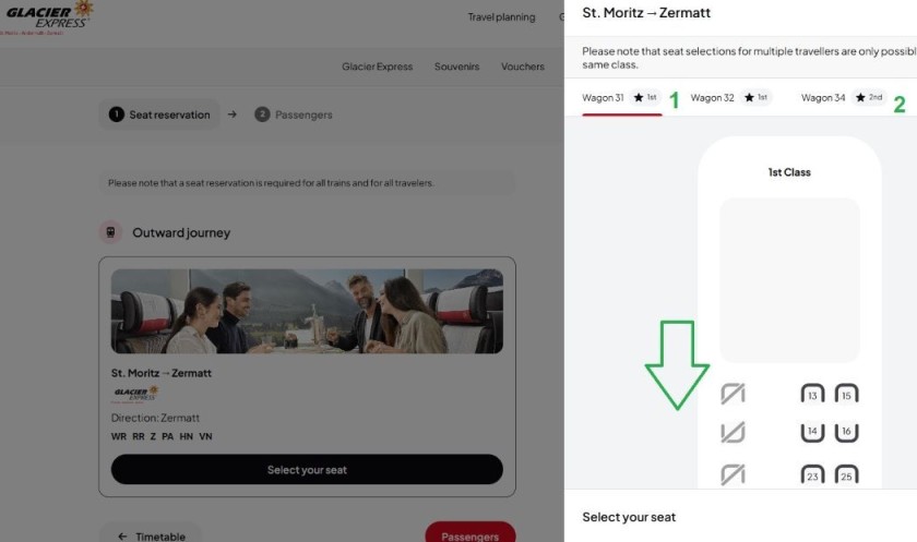 Using the seating plan on the Glacier Express website