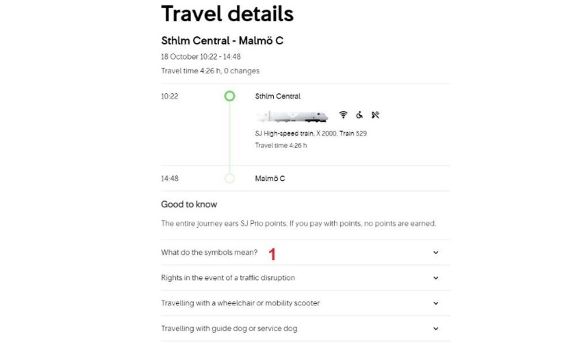 Checking the details of what's available on the train when booking tickets with SJ