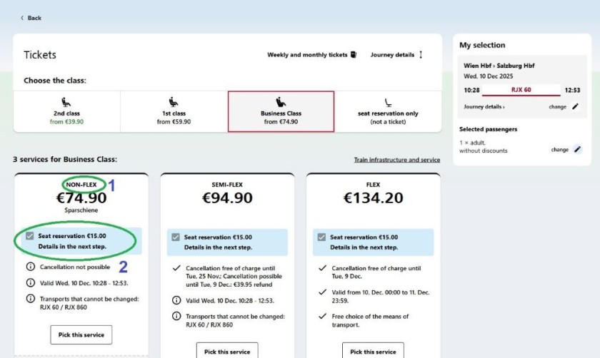 Booking Business Class tickets on the OBB website