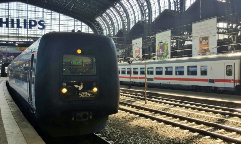 The Danish train on to Denmark awaits departure from Hamburg