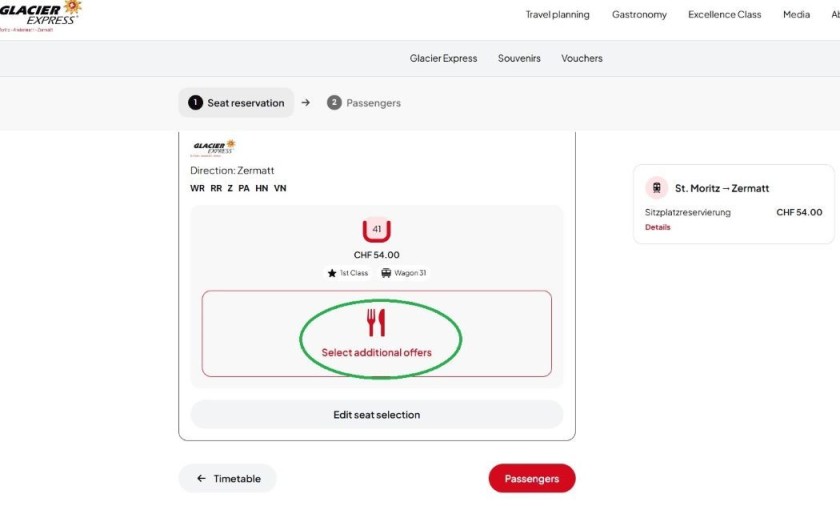 Adding the catering options when booking 1st class tickets for the Glacier Express
