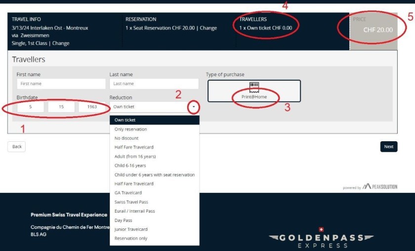 Selecting a reduction when booking the Golden Pass Express