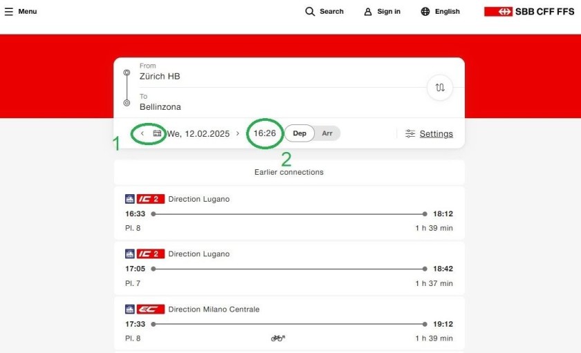 Setting the date and time of departure on the SBB website