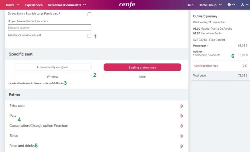 Adding Extras when booking tickets on Renfe