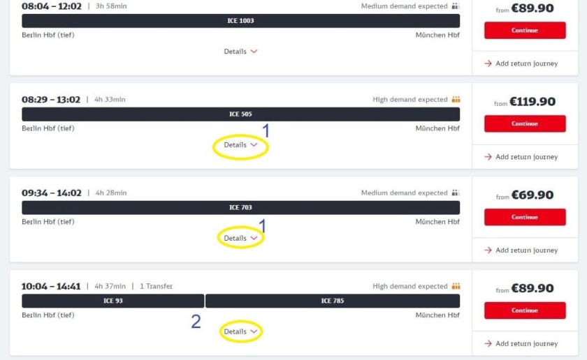 The journey options on the DB booking service