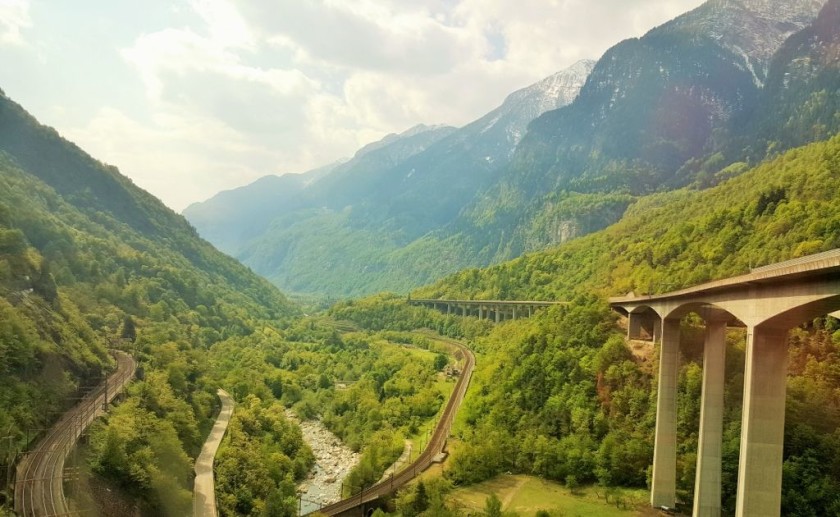 The view as the train spirals down the valley on the south side of the older Gotthard Tunnel