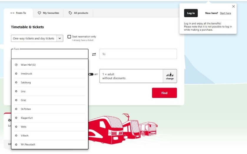 Choosing a destination on the OBB booking service