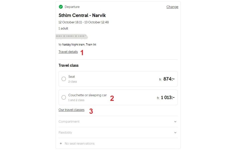 Booking travel by a night train on the SJ website