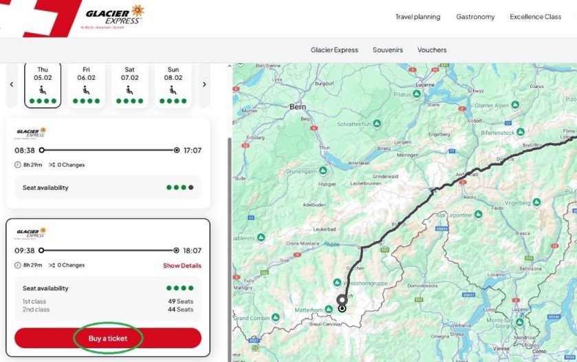 How to book a ticket on the Glacier Express website