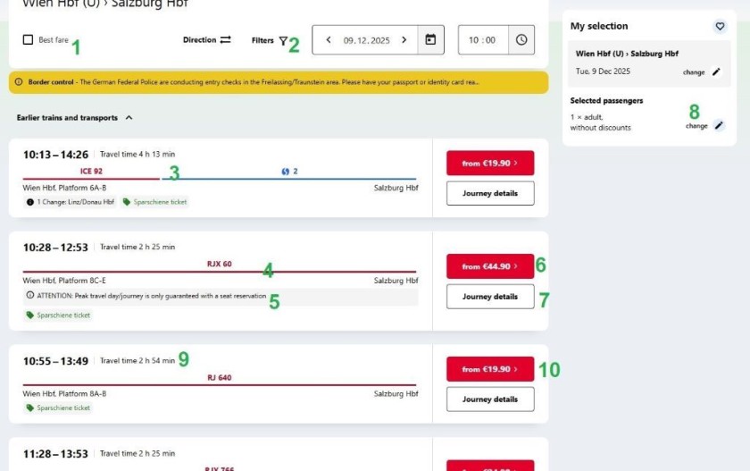 Choosing a journey option on the OBB website