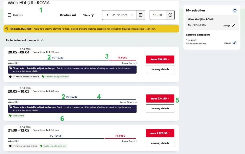 Booking night train tickets on the OBB website