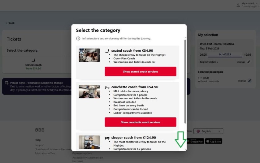 Being aware of the accommodation options when booking a night train with OBB