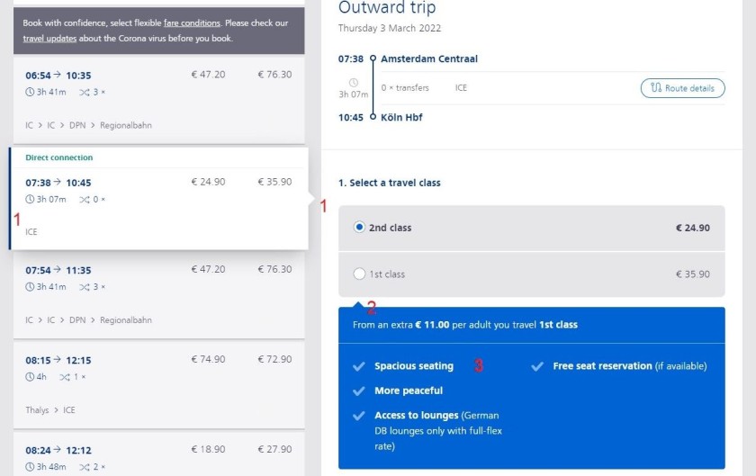 Choosing a ticket on NS International