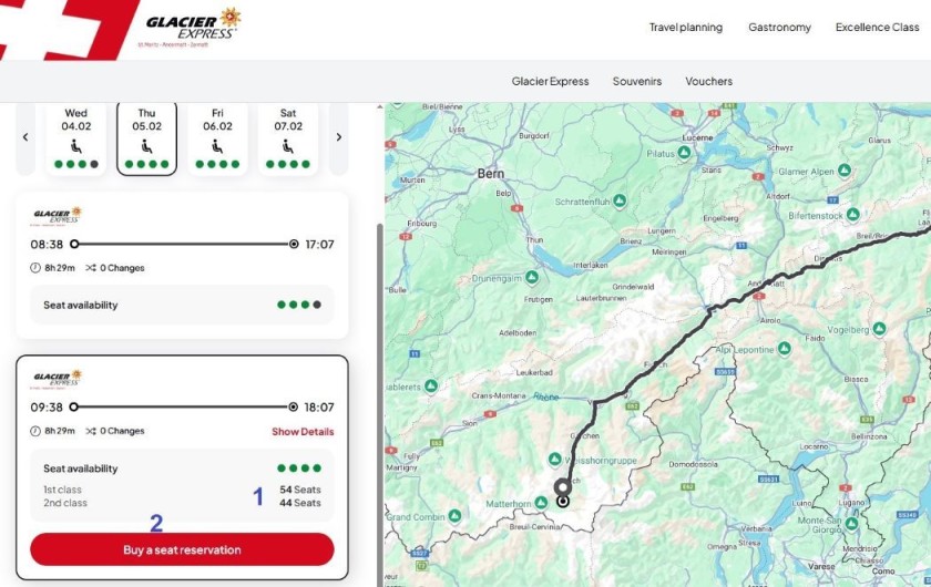 How to choose a departure when booking tickets on the Glacier Express website
