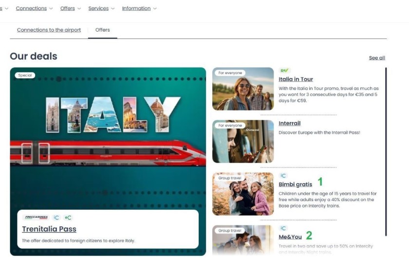 Examples of the types of Offers which can be made available on the Trenitalia website