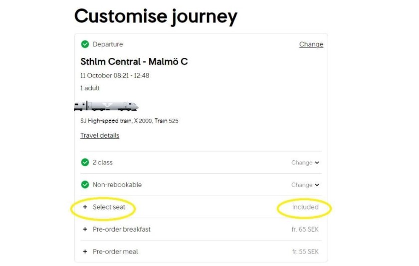 Accessing a seating plan when booking tickets on SJ
