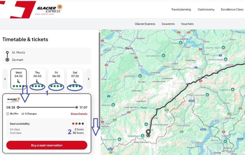 How to book tickets on the Glacier Express website for travel in 2025 and 2026