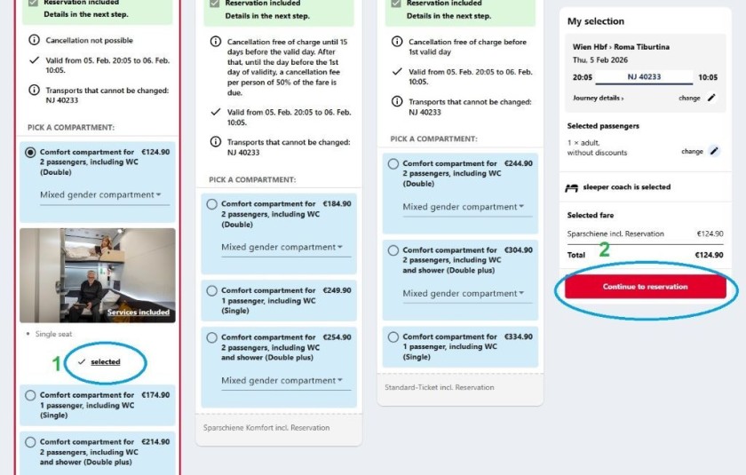Booking a night train on the OBB website