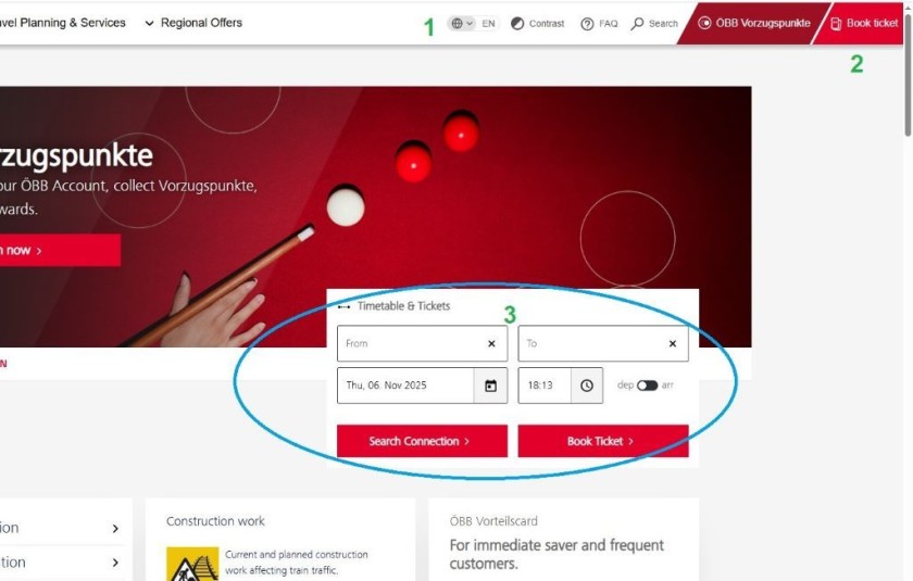 Booking tickets from the main page of the OBB website