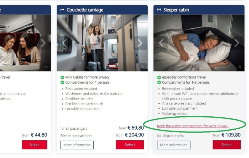being offered a private compartment when booking a Nightjet train
