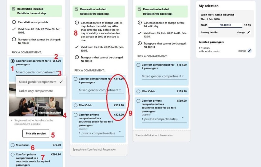 Booking a place in a couchette or Mini Pod on the OBB booking service