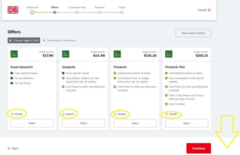 Choosing types of ticket on the DB booking service