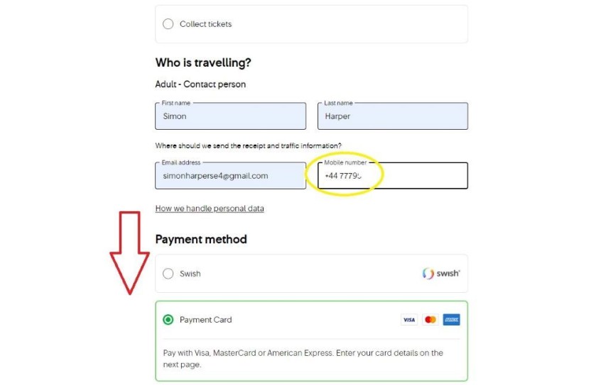 Making a payment when buying a train ticket on the SJ website