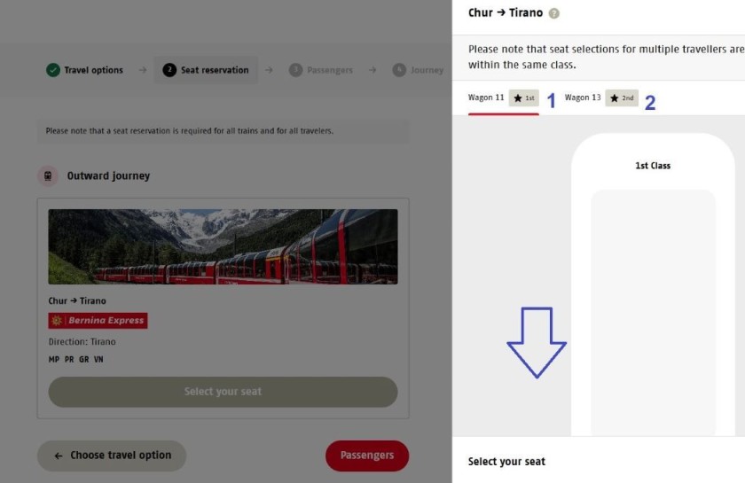 Using the seating plan on the Bernina Express website